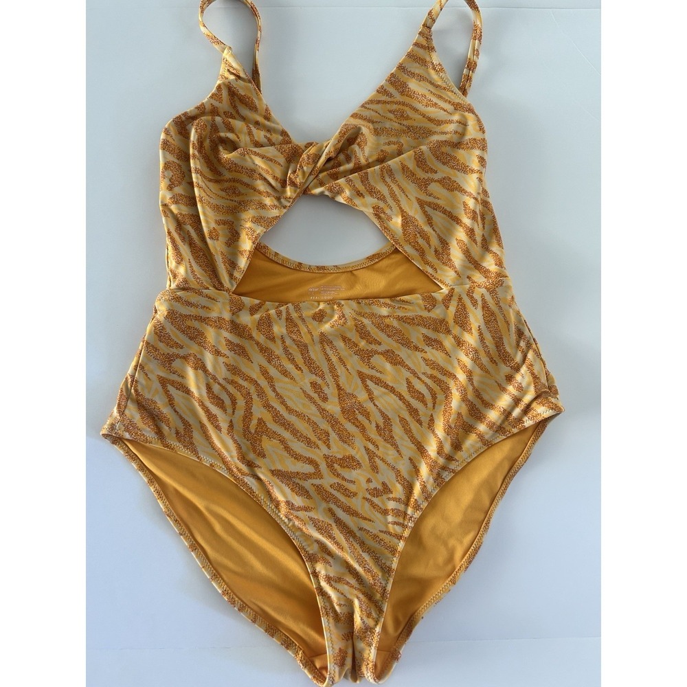 Aerie One Piece Swimsuit Women Yellow Orange Zebra Print Cutout Size L